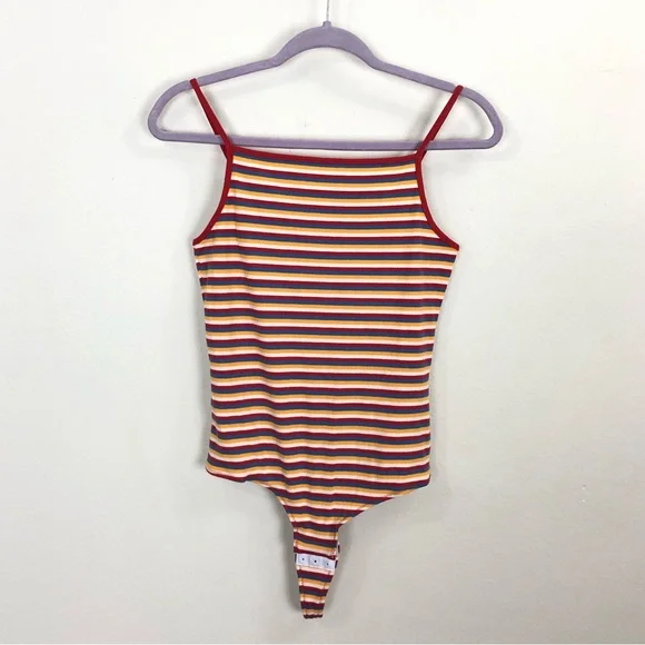 Madewell Ribbed Spaghetti Strap Snap Thong Tank Bodysuit Rainbow Stripe Medium - Picture 10 of 10